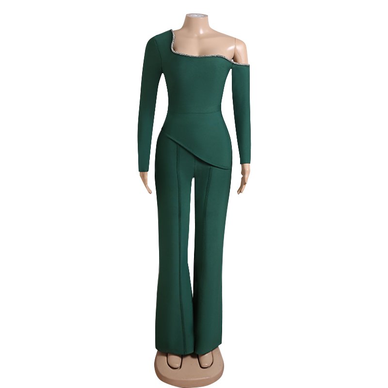 High-Quality 2 Piece Bandage Outfit | Long Sleeve Green Top and Pants for Women