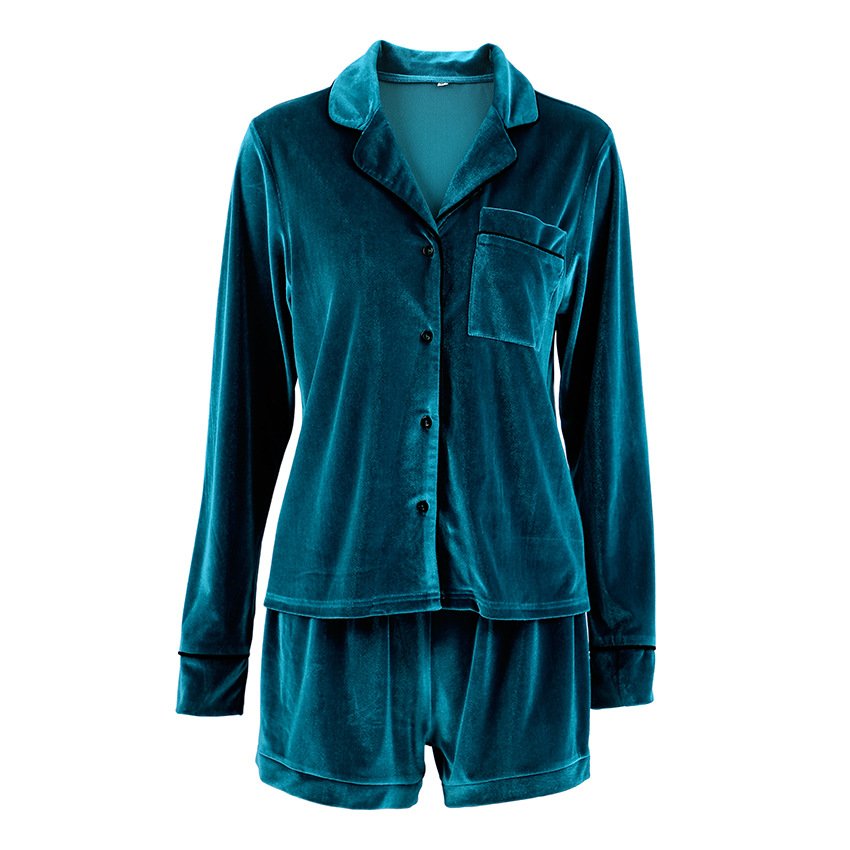 Women's Velvet V-Neck Suit Collar Cardigan - Long Sleeve Homewear Pajamas in Blu